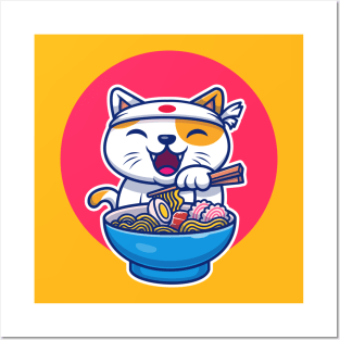 Cute Cat Eating Ramen Noodle Cartoon Posters and Art